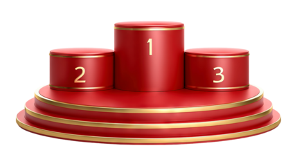 Luxury red and gold winner podium with three levels isolated on a transparent white background, clipping path