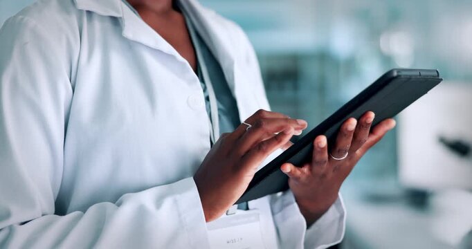 Hands, tablet and woman in lab, research and science with medical experiment, internet and expert. Closeup, person or scientist with biotech, drug trial results or feedback for vaccine report or app