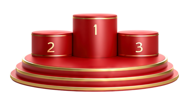 Luxury red and gold winner podium with three levels isolated on a transparent white background, clipping path