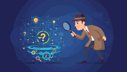 A cartoon detective in a trench coat and fedora hat peers through a magnifying glass at a glowing digital network filled with question marks, lightbulbs, and gears, symbolizing data analysis