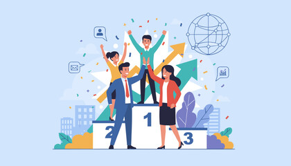 Successful business team celebrating victory on a podium with confetti falling, symbolizing achievement, growth, and teamwork in a corporate environment with global network and city skyline in the