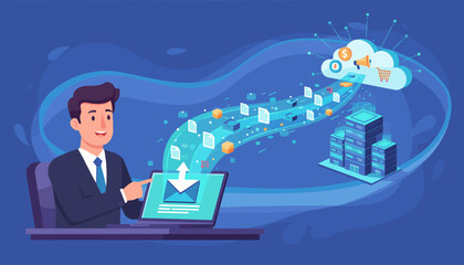 Vibrant illustration of a businessman interacting with a laptop, sending data and emails to a cloud server connected to a data center, symbolizing digital marketing and cloud computing services.