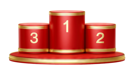 Luxury red and gold winner podium with three levels isolated on a transparent white background, clipping path