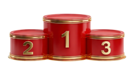 Luxury red and gold winner podium with three levels isolated on a transparent white background, clipping path