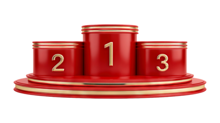 Luxury red and gold winner podium with three levels isolated on a transparent white background, clipping path