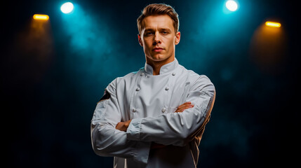 A man in a chef's coat stands confidently with his arms crossed in front of him set against a dramatic background of blue and yellow lights