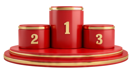 Luxury red and gold winner podium with three levels isolated on a transparent white background, clipping path