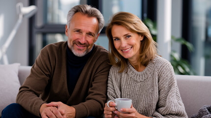 A man and woman sitting on a couch smiling and holding cups of coffee