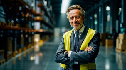 A man in a suit and yellow vest stands confidently in a warehouse