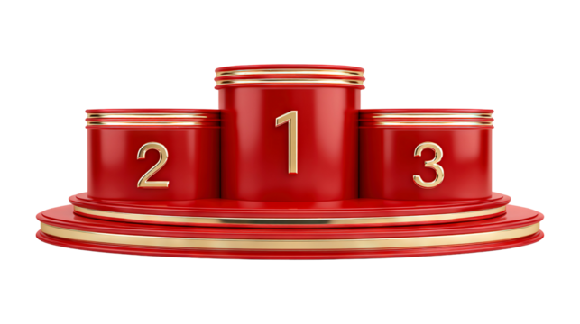 Luxury red and gold winner podium with three levels isolated on a transparent white background, clipping path