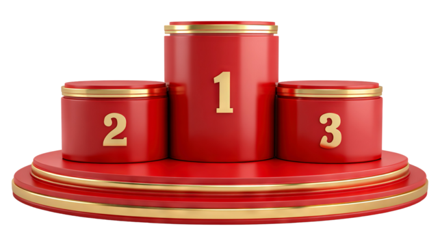 Luxury red and gold winner podium with three levels isolated on a transparent white background, clipping path