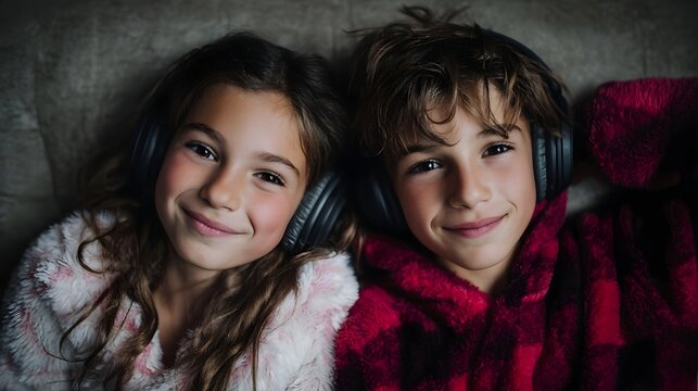 Two smiling children wearing headphones lying together on a couch enjoying shared audio experience - Powered by Adobe