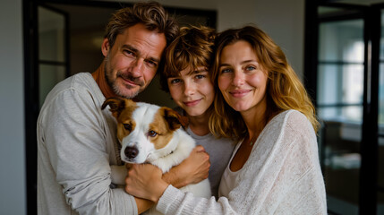 A family of three a man a woman and a child hugging a dog in a room with a window
