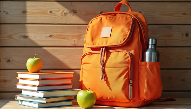 Orange backpack with books and apples near wooden wall. Back to school concept. Education background with school supplies. Bright sunlight on wood table.