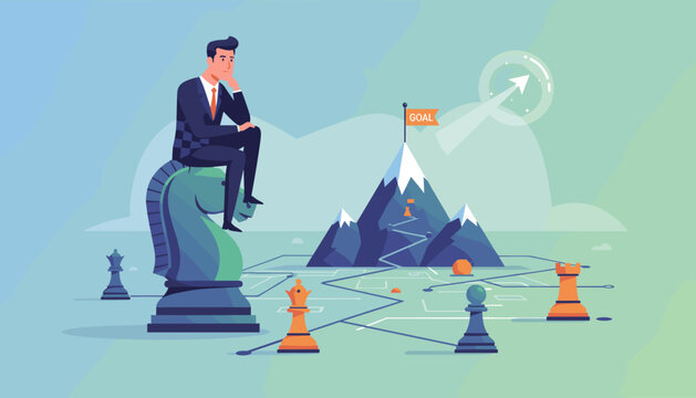 Strategic business planning and goal achievement visualized with a businessman contemplating on a chess knight piece, overlooking a mountain summit marked with a 'GOAL' flag and a winding path