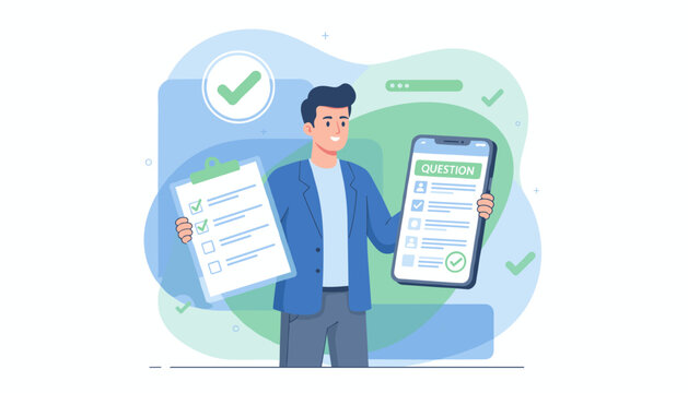 A smiling businessman in a blue jacket and grey pants holds a clipboard with a checklist and a smartphone displaying a survey with checkmarks, symbolizing quality control and task completion in a