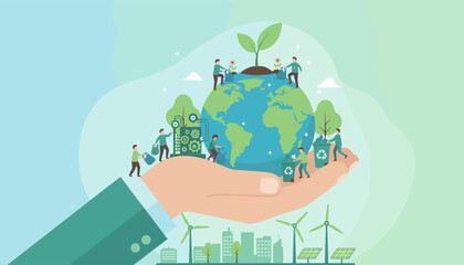 Vivid flat illustration depicting small people actively engaged in environmental conservation efforts, tending to a flourishing Earth held within a caring hand, symbolizing global responsibility and