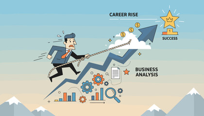 Vivid flat illustration depicting a determined businessman struggling to climb a steep, upward-trending graph towards career rise and success, symbolizing business analysis, growth, and achievement