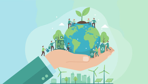 Vivid flat illustration depicting small people actively engaged in environmental conservation efforts, tending to a flourishing Earth held within a caring hand, symbolizing global responsibility and