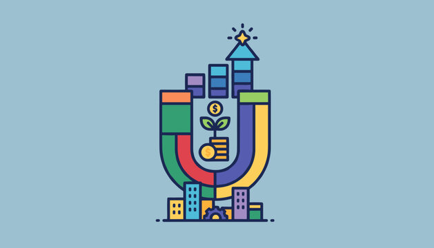 Vibrant vector illustration symbolizing investment management and financial growth, featuring a horseshoe magnet attracting stacked coins, a money plant sprouting from wealth, and a rising bar graph