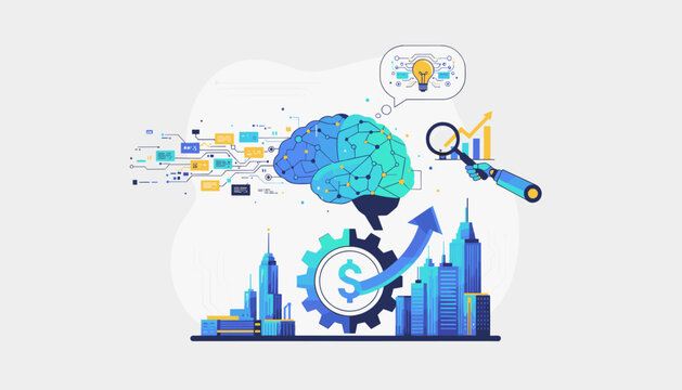 Abstract concept of artificial intelligence and machine learning, represented by a stylized brain connected to digital circuits, gears, and financial growth charts, symbolizing innovation, data