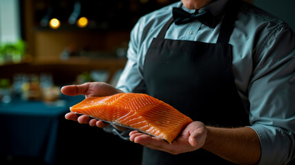A man in a black apron holding a piece of salmon