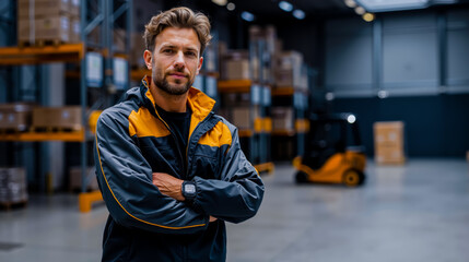 A man in a blue and yellow jacket stands in a warehouse with shelves of boxes in the background