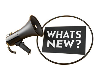 Announcing Updates and Information with a Megaphone and a "What's New?" Sign, Symbolizing Communication and Important News for Audiences