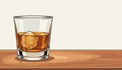 A single, clear glass tumbler filled with amber-colored whiskey and a large ice cube, resting on a polished wooden surface, with ample negative space for text or design elements, evoking a sense of