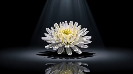 A white chrysanthemum flower is illuminated by a spotlight, casting a shadow and reflection on the surface