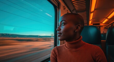 Woman enjoying scenic view from train window during daytime journey through countryside