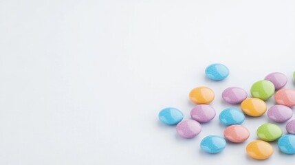Colorful candy pieces scattered across a white background create a cheerful and vibrant display