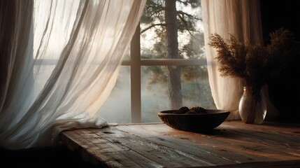 Naklejka premium Rustic wooden table by a sheer curtained window overlooking a misty forest scene