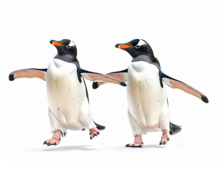 Fototapeta premium Two gentoo penguins dancing together with arms outstretched