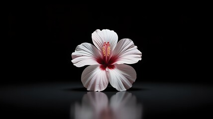 Close up of a beautiful hibiscus flower with red center on a dark background with reflection
