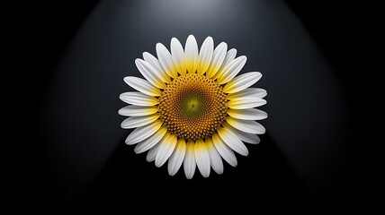 A vibrant daisy flower with white petals and a yellow center is illuminated against a dark background