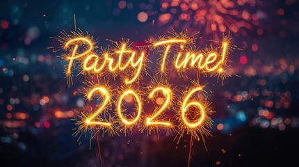 Party Time 2026 written with golden sparkler light on festive night sky, glowing fireworks background perfect for New Year invitation, celebration card or holiday greeting design