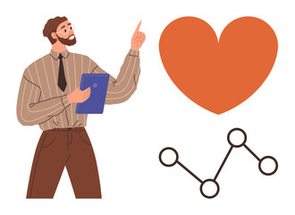 Man holding clipboard, pointing upwards near heart and analytics line with nodes. Ideal for business, strategy, health, growth, leadership, care connection topics. Simple flat metaphor