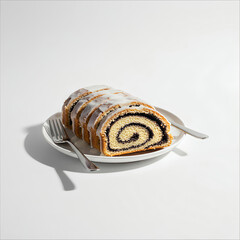 Delicious swirled poppy seed roll cake on a white plate with forks