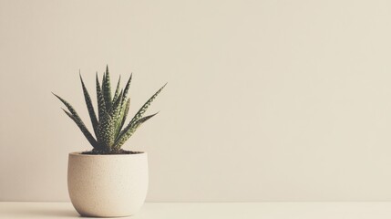Simple green succulent in a textured pot on a neutral background in a cozy indoor setting