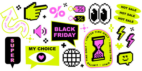 Y2k inspired set of Black Friday shopping stickers in 8 bit retro game digital nostalgic style. Percentage symbol, lightning flash, big eyes icon. Promotion special offers vector elements on white bg