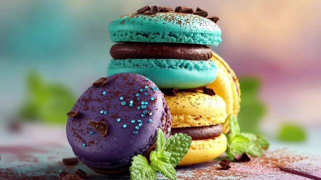 Indulgent sweet macarons stacked high with chocolate chips and fresh mint leaves, a delightful treat, 4k high quality