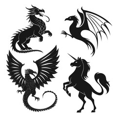Collection of different mythological creatures in black