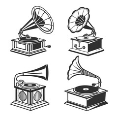 Set of vintage gramophones in black and white