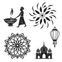 Naklejka premium Diwali elements with diya, lantern and mandala