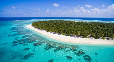 Obraz premium Aerial view of tropical island with turquoise waters, palm trees, white sand beach, sunny sky, travel paradise atmosphere