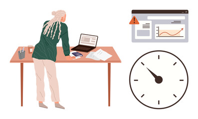 Person standing at desk reviewing documents, laptop, and notes under time pressure. Includes clock and alert notification. Ideal for planning, productivity, deadlines, focus, urgency organization