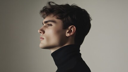 Obraz premium Male model showcases profile in stylish turtleneck sweater against a neutral backdrop during a creative photoshoot