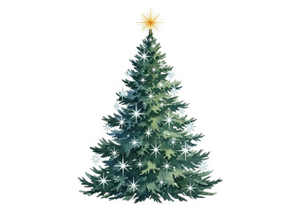 Fototapeta premium Beautifully decorated christmas tree with sparkling lights and star topper isolated on transparent background