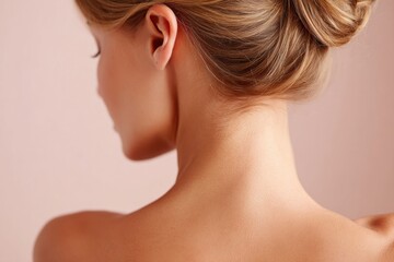 Fototapeta premium Female model with warm soft skin, showcasing the back of her neck and shoulders, elegantly styled hair, against a soft pastel background, emphasizing natural beauty and tranquility